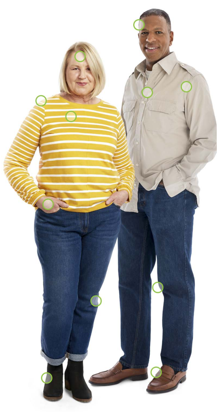 Photograph of patients with head, joints, chest, hands, feet, skin and armpits highlighted